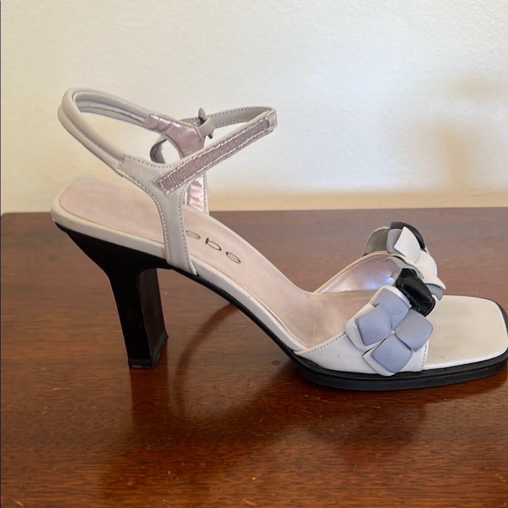 Bebe Silver and Black Heels with Chic Straps